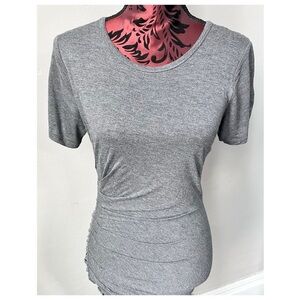 ‼️GOING‼️ NWOT T TAHARI Short Sleeve Ruche Gray Viscose Midi Dress Small-Petite